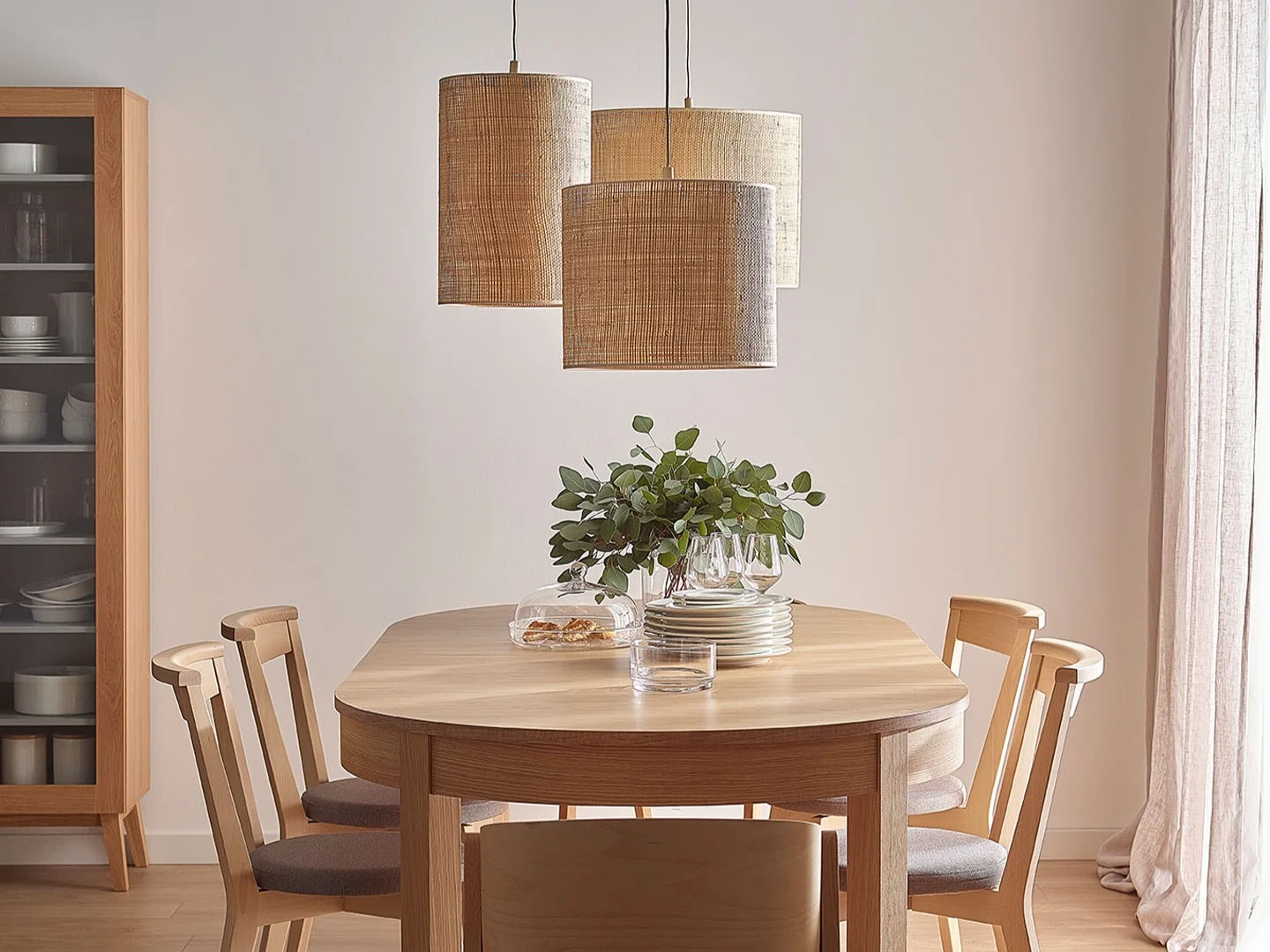 Zestaw lamp wiszących nad stołem z krzesłami
